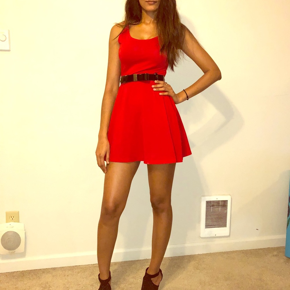 Deep red sleeveless skater dress